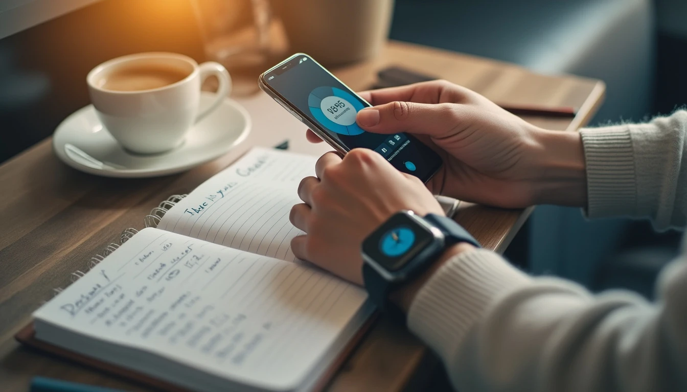 A close-up of a person’s hand setting a timer on their phone or smartwatch while working on a focused task. Next to them, a notebook with clearly defined daily goals and a cup of coffee create a calm yet productive environment, symbolizing how managing time effectively leads to increased focus and personal development.