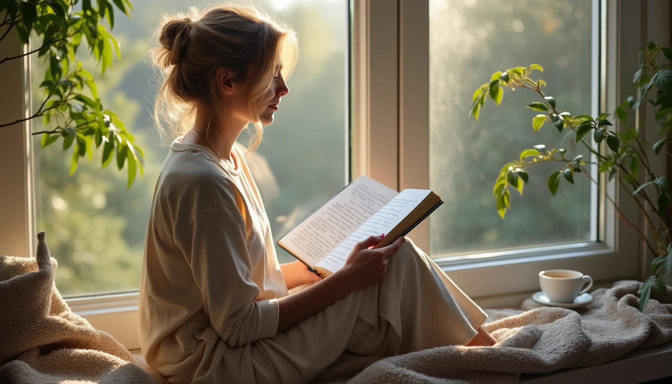 A person sitting by a large window, gazing thoughtfully at a journal open on their lap, with pages filled with personal reflections and goals. Surrounding them are calming elements like a soft throw blanket, a pen, and a cup of tea, creating an atmosphere of introspection and self-discovery. The soft natural light pouring in suggests clarity and insight gained through self-reflection.