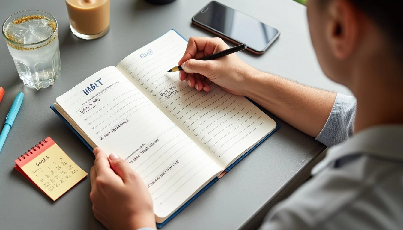 A person sitting at a desk, writing in a habit-tracking journal with clear sections for 'Goals,' 'Progress,' and 'Challenges.'