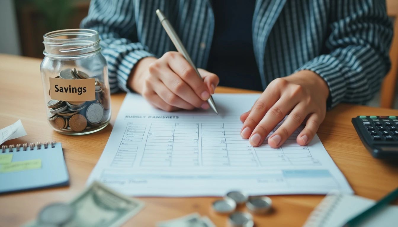 A person sitting at a tidy desk, reviewing a monthly budget plan with a pen and calculator beside them. 