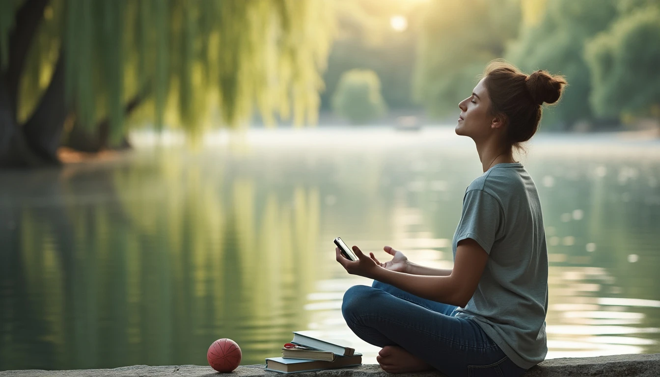 A person sitting peacefully in a quiet, natural setting, such as a park or by a calm body of water, practicing deep breathing with closed eyes and a relaxed posture. In the background, gentle elements like flowing water, trees swaying, or soft sunlight filter through, symbolizing calmness. Nearby, objects like a journal, a stress ball, or a mindfulness app on a phone represent practical anger management techniques.