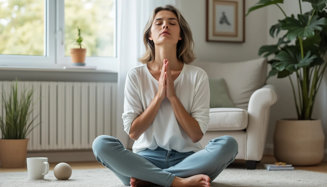 A person sitting alone in a quiet, well-lit room practicing deep breathing exercises, with their eyes closed and hands resting on their lap. Around them, the space is calm and organized, with soft elements like a plant, a cup of tea, and a stress ball nearby, symbolizing simple, accessible self-help techniques for anger management