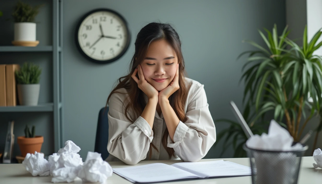 A professional sitting at a desk with a completed project in front of them, looking relieved and content rather than stressed.