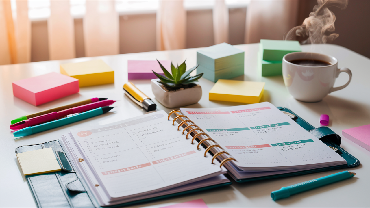 A clean, organized desk setup with an open planner displaying simple layouts 