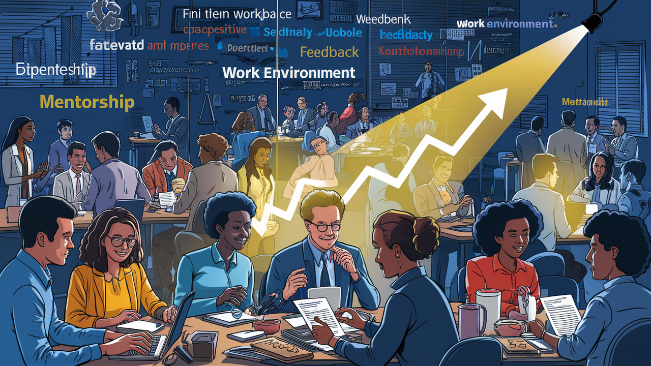 An office setting with a group of diverse professionals working collaboratively, with some visible keywords like 'Mentorship,' 'Feedback,' and 'Work Environment' floating above them. In the background, an individual is highlighted, showing an upward trend chart or graph symbolizing how workplace factors contribute to enhancing their self-efficacy and professional development.