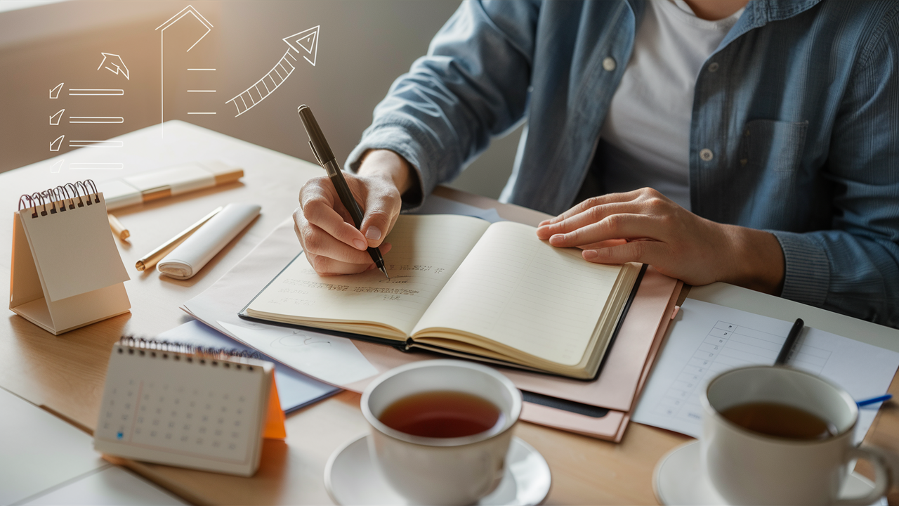 A person sitting at a desk with an open notebook or planner, carefully writing down goals. Around them are objects that symbolize personal development, such as a calendar, a checklist, and a cup of tea, all placed neatly on the desk. The background is softly lit, creating a calm, focused atmosphere, with visual cues like arrows or a subtle upward spiral in the background suggesting growth and progress.