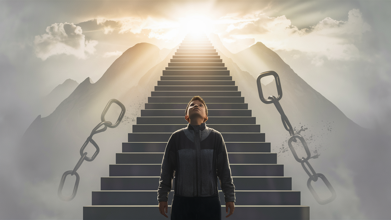 A person standing at the base of a mountain or a long staircase, looking upward with a determined expression, symbolizing the journey of rising after failure. In the background, soft sunlight is breaking through clouds, representing hope and new beginnings. Subtle elements like broken chains or fading shadows behind the person signify breaking free from the weight of past failures and moving forward with renewed confidence