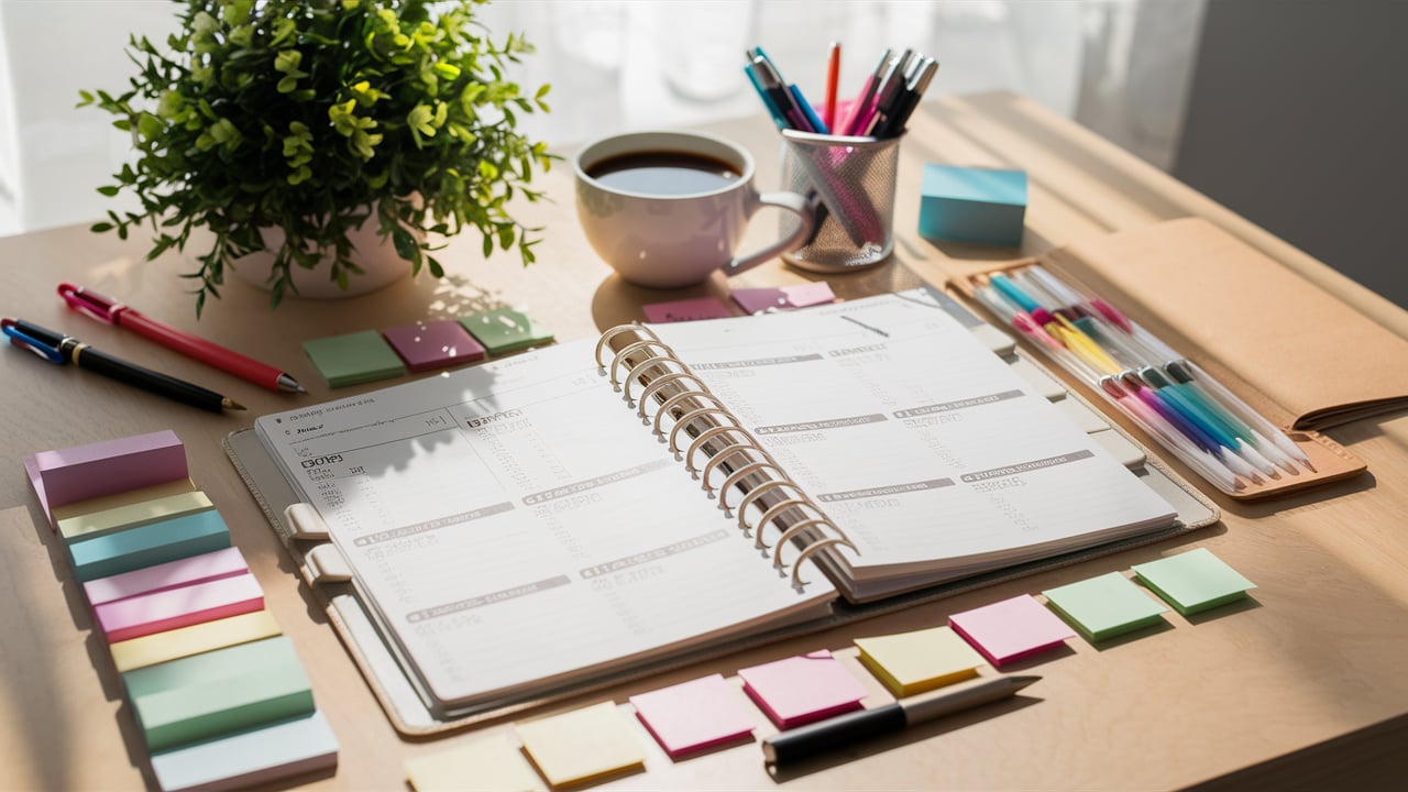 A clean, organized desk setup with an open planner displaying simple layouts 