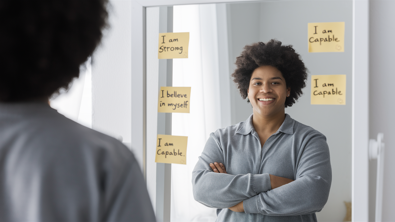 A person standing confidently in front of a mirror, smiling and repeating positive affirmations to themselves, with sticky notes or handwritten messages on the mirror that say things like 'I am strong,' 'I believe in myself,' and 'I am capable.