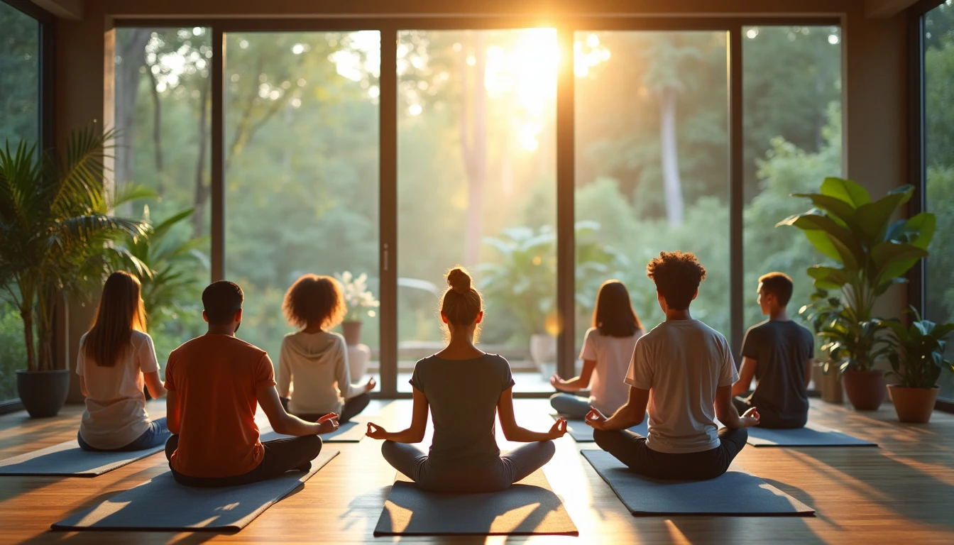 A peaceful meditation space featuring individuals of diverse backgrounds engaged in meditation. This image can be placed here to reflect inclusivity and create a calming atmosphere.