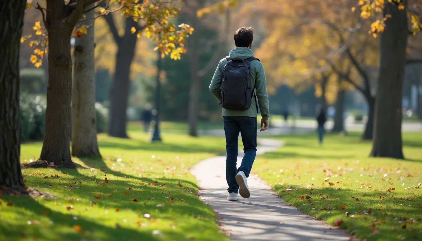 A person on a short walk in a park or around a city block during a midday break.