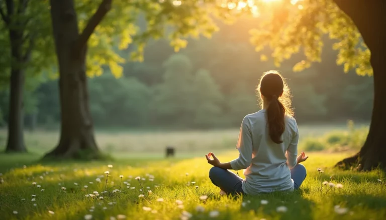 A serene outdoor scene, such as a person meditating or taking a mindful walk through nature, emphasizing peacefulness and balance