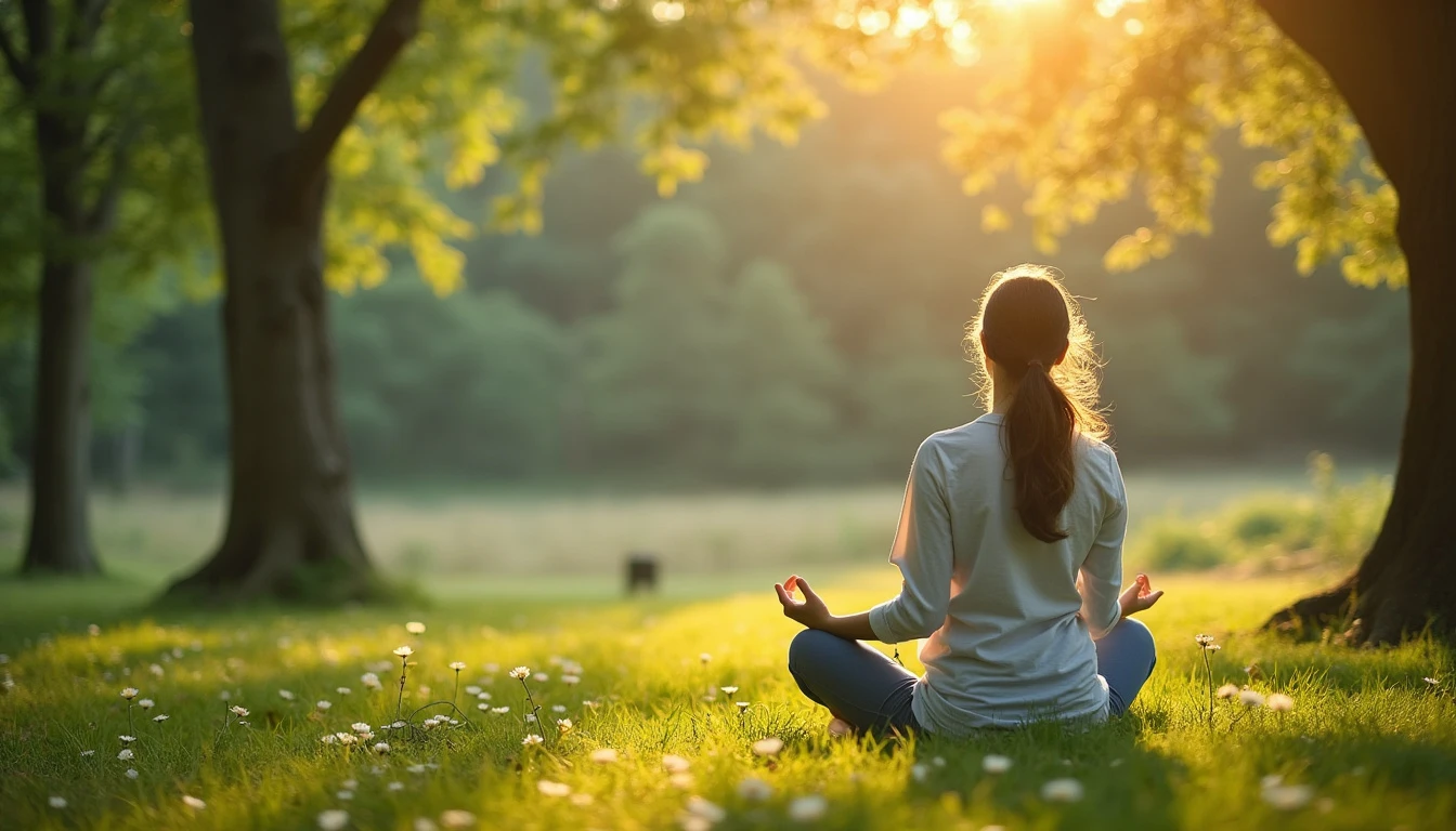 A serene outdoor scene, such as a person meditating or taking a mindful walk through nature, emphasizing peacefulness and balance