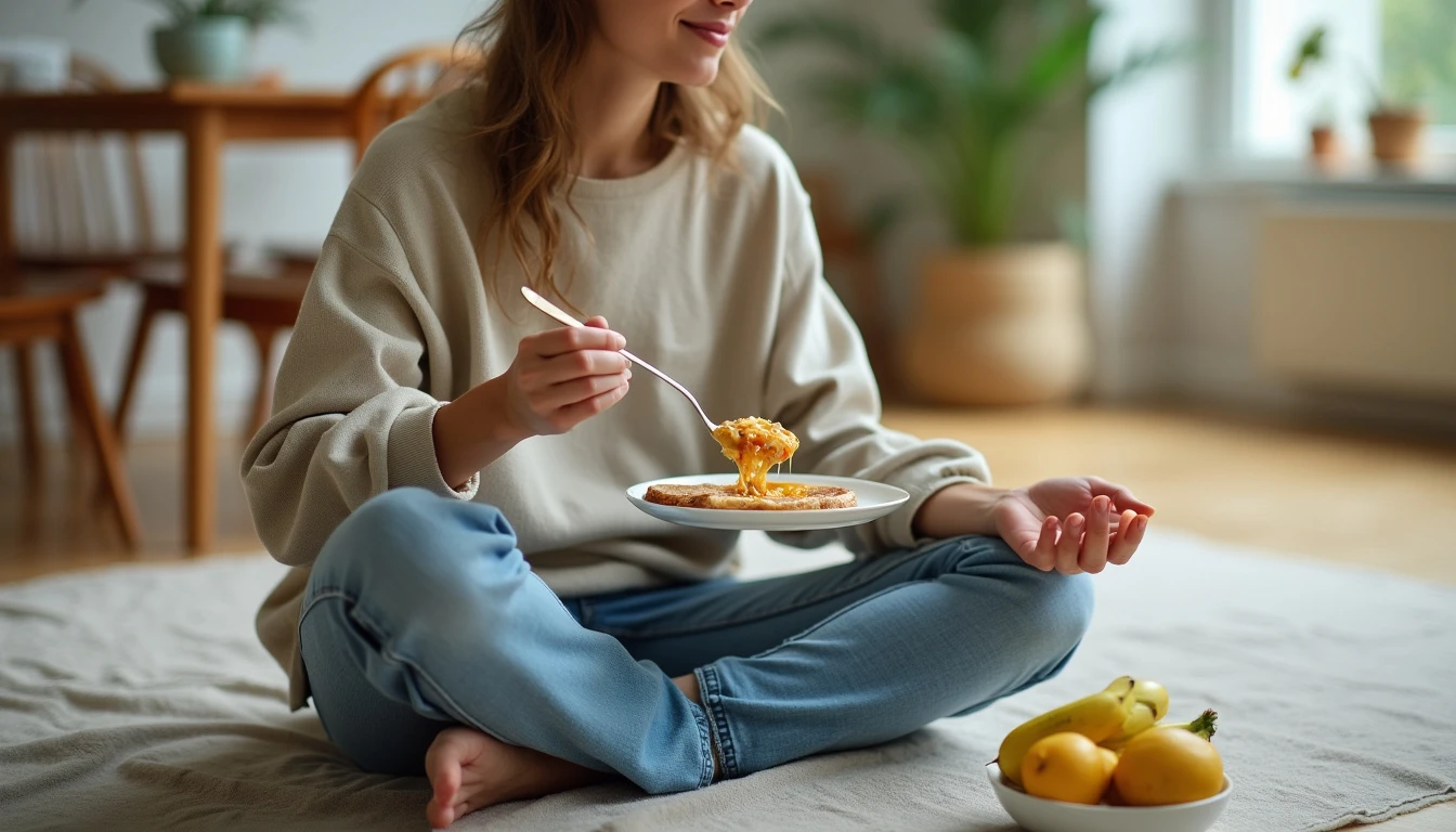 A person sitting cross-legged on the floor or at a table, enjoying a healthy breakfast, illustrating mindful eating.