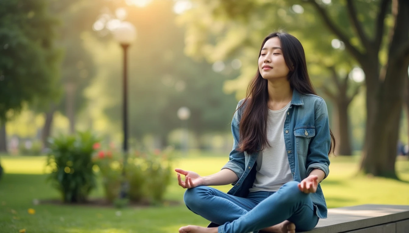 A person taking a mindful break during work, sitting on a bench or walking outside with a peaceful expression, signifying mental clarity.