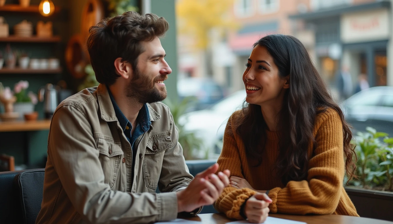 Two people engaging in mindful conversation, perhaps at a coffee shop or sitting on a bench, showing deep connection and presence.