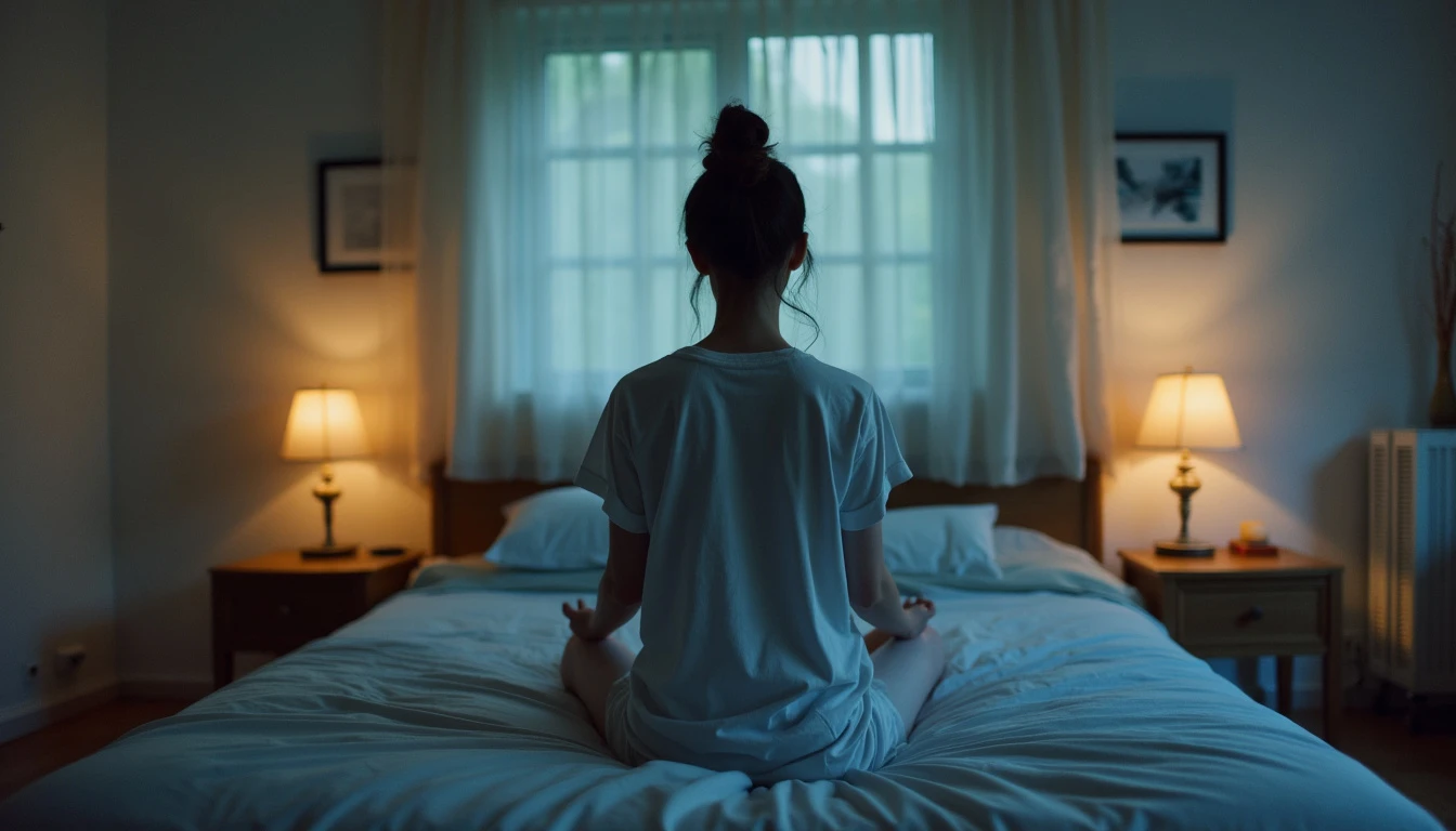 A serene bedroom scene with dim lighting, a person sitting on a bed practicing a body scan meditation before sleep.