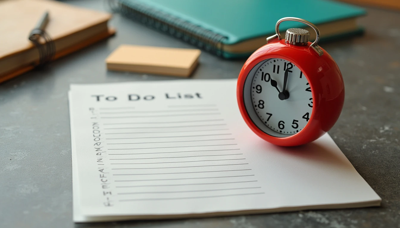 A visual image of a desk setup with a to-do list and a timer for the Pomodoro technique