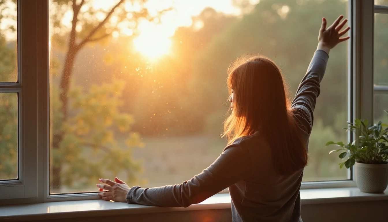 a person stretching by a window with morning sunlight coming in