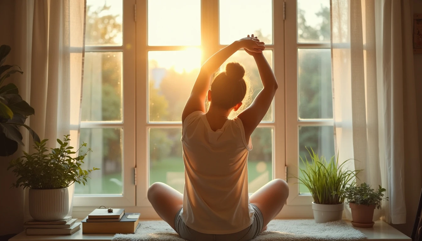 a person stretching by a window with morning sunlight coming in